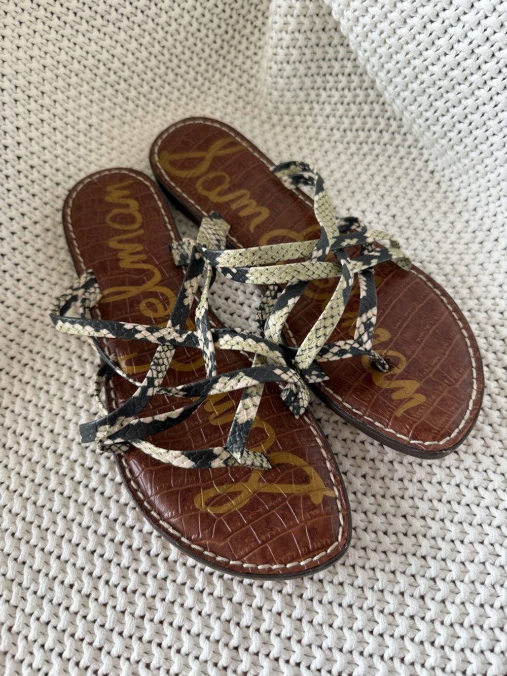 Sam Edelman Brown Footbed Sandals with Black and Cream Snake-Print Straps